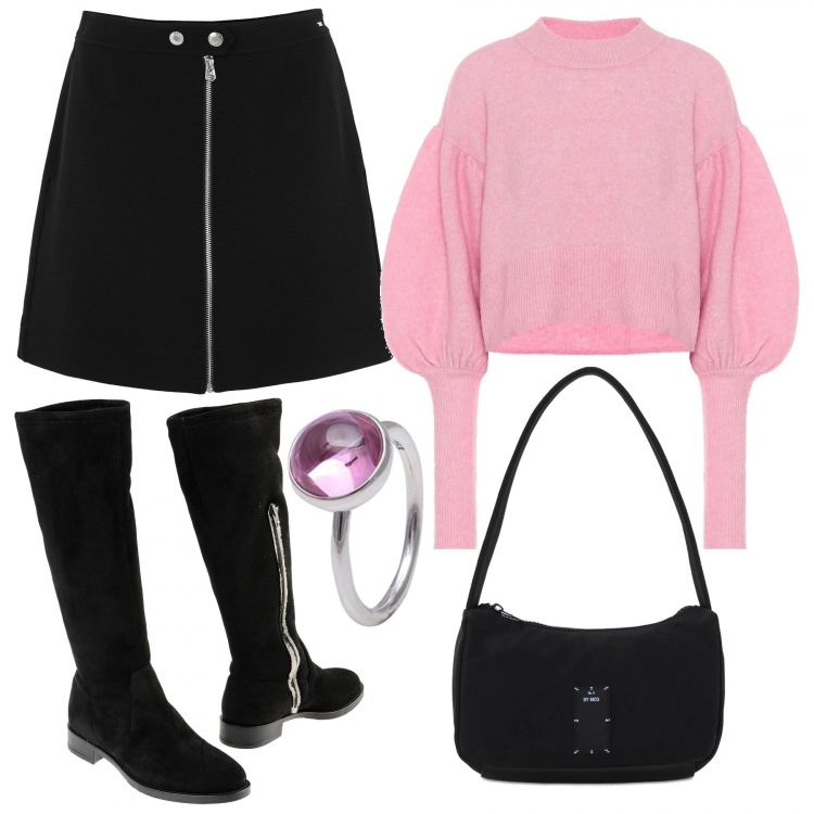 Outfit donna - Il golfino con le maniche a sbuffo. Stile Trendy per Tutti i giorni. Abbinamento con stivali, minigonne, pullovers, anelli, borse a mano.