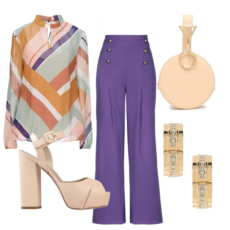 Outfit donna - Tacchi&Pantalone a vita alta. Stile Chic per Serata fuori. Abbinamento con bluse, pantaloni, sandali col tacco, borse a mano, orecchini.