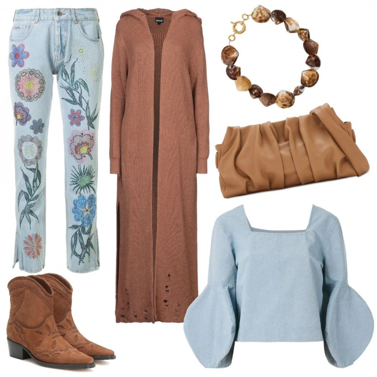 Outfit donna - Stivaletti+blusa con maniche a sbuffo. Stile Trendy per Tutti i giorni. Abbinamento con cardigans, bluse, jeans, ciondoli, stivaletti texani, borse a spalla.