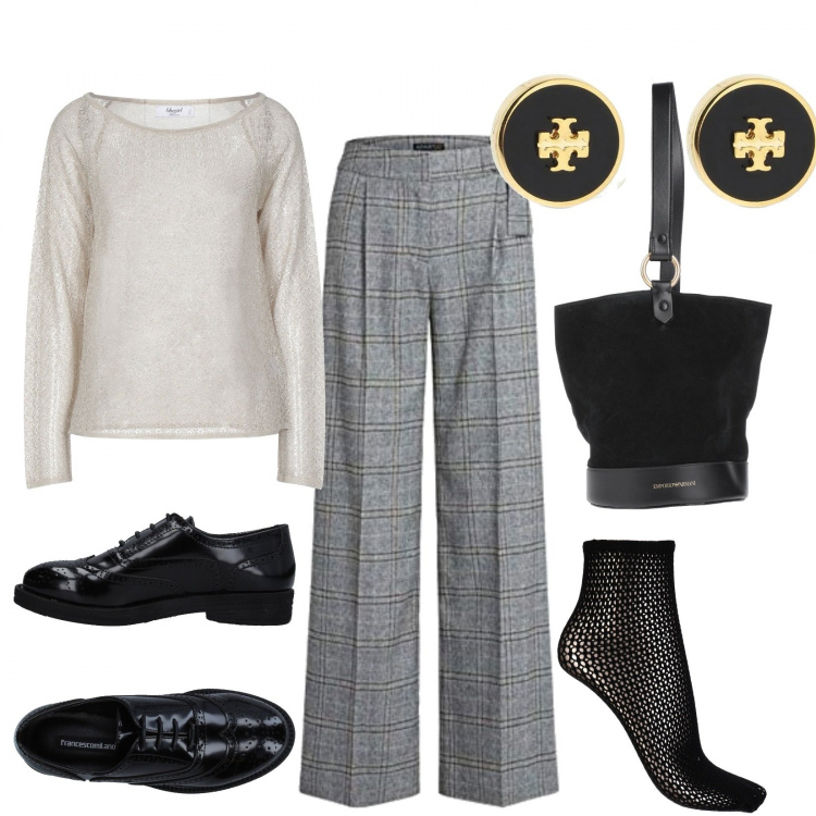 Outfit donna - Calzino&Stringata. Stile Bon Ton per Ufficio. Abbinamento con scarpe stringate, pullovers, calzini, borse a spalla, pantaloni, orecchini.