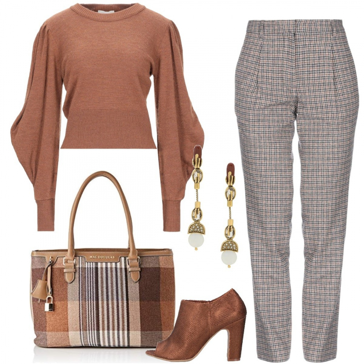 Outfit donna - Trend d’autunno - le maniche a sbuffo. Stile Trendy per Ufficio. Abbinamento con pullovers, stivaletti, pantaloni, orecchini, borse a spalla.