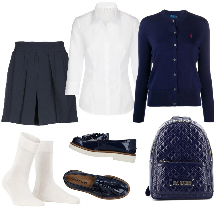 Outfit donna - College style. Stile Trendy per Tutti i giorni. Abbinamento con mocassini, minigonne, cardigans, zaini, camicie, calzini.