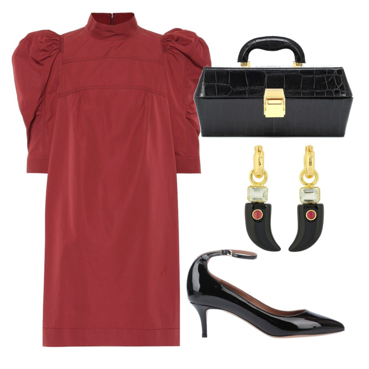 Outfit donna - Trend: Maniche a sbuffo. Stile Chic per Serata fuori. Abbinamento con décolleté, vestiti corti, borse a mano, orecchini.