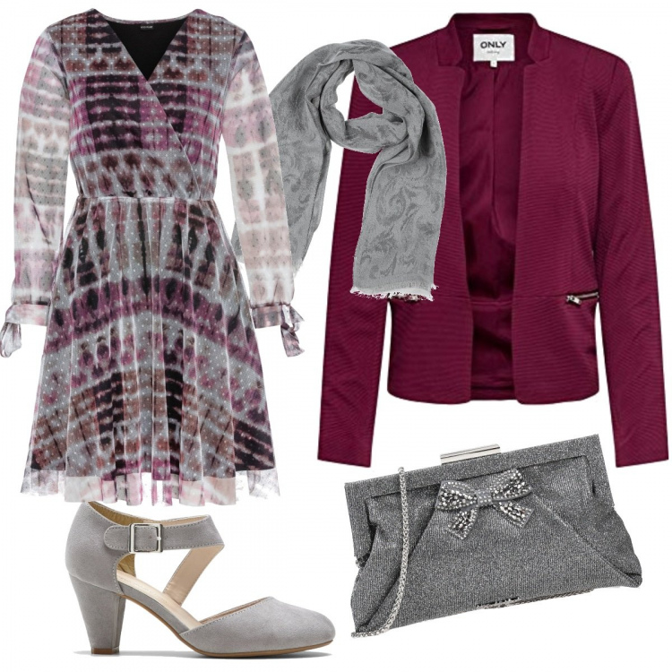 Outfit donna - Cherise. Stile Chic per Serata fuori. Abbinamento con vestiti asimmetrici, reggiseni, borse a mano, stole, blazer.