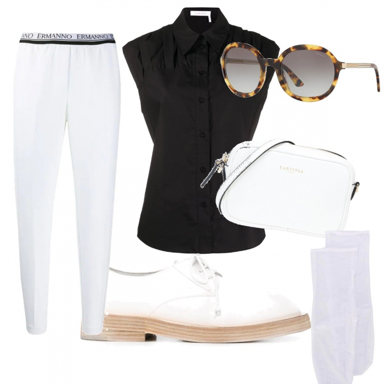 Outfit mujer - Mission oxford. Estilo Chic para Todos los días. Combinación con camisas, zapatos con cordones, pantalones capri, gafas de sol, calcetines, bandoleras.