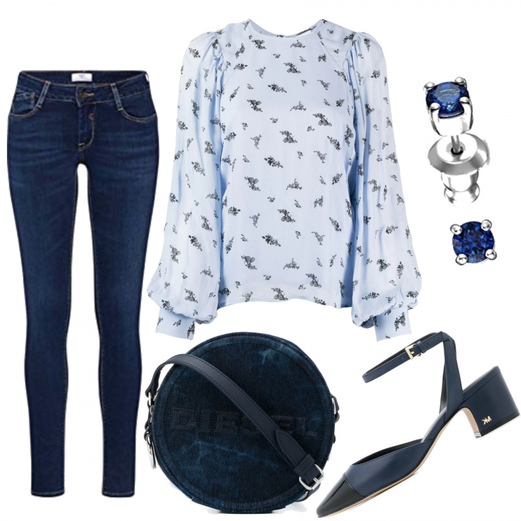 Outfit mujer - Trendy #62566. Estilo Trendy para Todos los días. Combinación con vaqueros, pendientes, blusas, zapatos de tacón, bolsos de hombro.