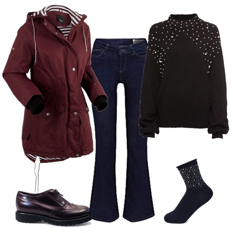 Outfit donna - Pronta per l\'inverno con un pò di luce. Stile Trendy per Ufficio. Abbinamento con blazer, maglieria, scarpe stringate, jeans bootcut, calzini.