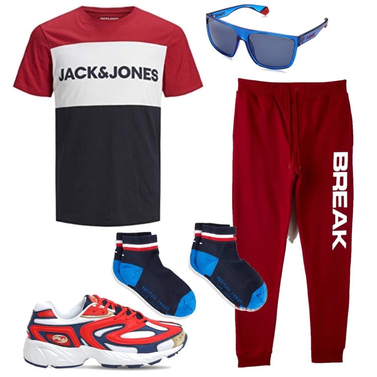 Outfit uomo - Corsa al parco. Stile Casual per Sport. Abbinamento con pantaloni, occhiali da sole, t-shirt, sneakers, calzini.