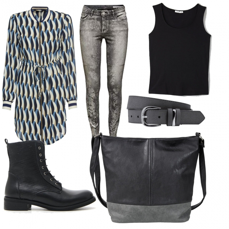 Outfit donna - Tutti al parco giochi. Stile Urban per Tutti i giorni. Abbinamento con cinture, tuniche, shopping bag, canottiere, stivaletti, jeans skinny.