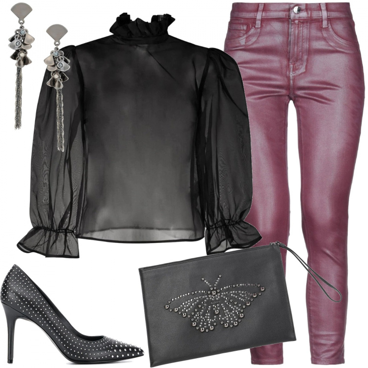 Outfit mujer - Rock #5604. Estilo Rock para Noche/Fiesta elegante. Combinación con pantalones pitillo, blusas, zapatos de tacón, bolsos de mano, pendientes.
