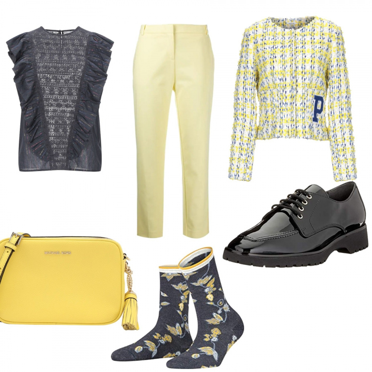 Outfit mujer - Amarillogris. Combinación con zapatos con cordones, calcetines, blusas, blazers, pantalones capri, bandoleras.
