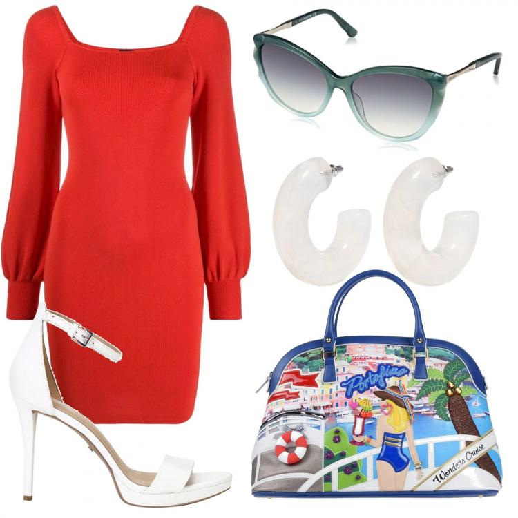 Outfit mujer - Abullonada. Estilo Trendy para Todos los días. Combinación con gafas de sol, vestidos tubo, pendientes, bolsos de mano, sandalias de tacón.