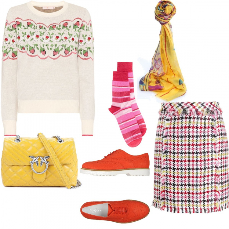 Outfit donna - Calzini&Stringate. Stile Urban per Ufficio. Abbinamento con scarpe stringate, sciarpe, minigonne, calzini, pullovers, borse a spalla.