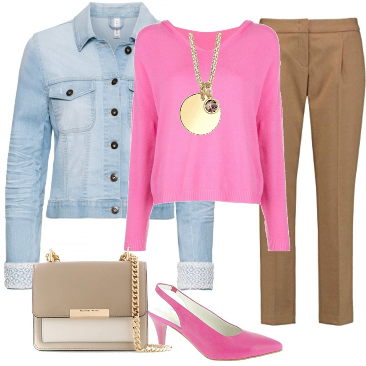 Outfit donna - Pronta per l\'ufficio. Stile Trendy per Ufficio. Abbinamento con blazer, felpe con cappuccio, borse a tracolla, pantaloni, collane, scarpe col tacco.