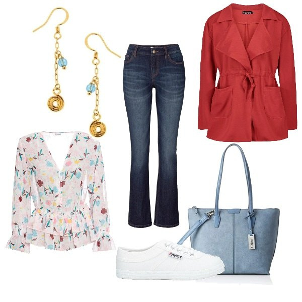 Outfit donna - La primavera addosso. Stile Urban per Tutti i giorni. Abbinamento con jeans bootcut, bluse, sneakers, blazer, orecchini, borse a spalla.