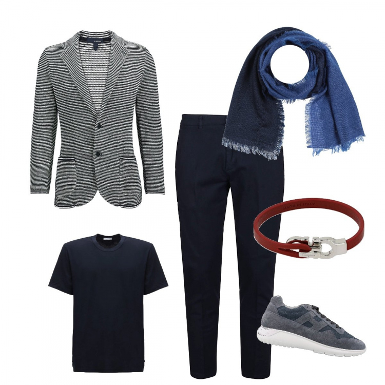 Outfit uomo - Un aperitivo sul lago. Stile Casual per Tutti i giorni. Abbinamento con sciarpe, sneakers, braccialetti, giacche, pantaloni, t-shirt.