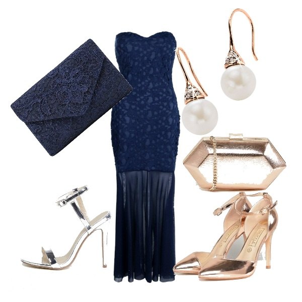 Outfit donna - Doppiamente in lungo. Stile Chic per Cerimonia. Abbinamento con décolleté pianta larga, sandali nudo e argento, borsa a tracolla con pizzo blu scuro, pochette in pelle sintetica rigido oro.