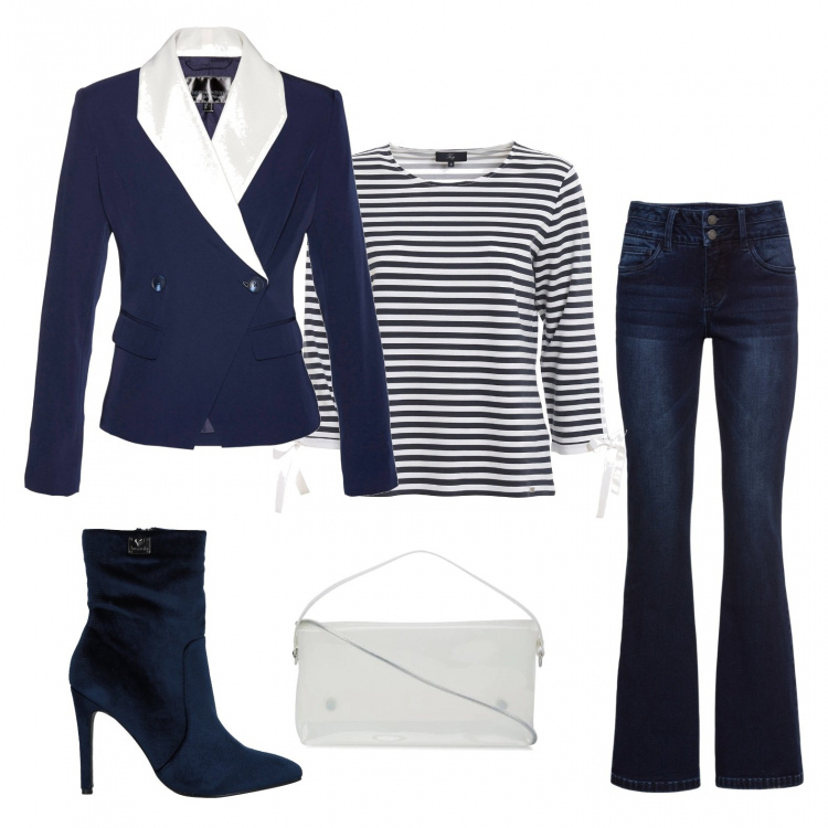Outfit donna - Marinara trendy. Stile Trendy per Ufficio. Abbinamento con jeans bootcut, blazer, stivaletti, borse tote, bluse.