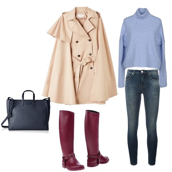Outfit donna - Il trench inglese. Stile Trendy per Tutti i giorni. Abbinamento con stivali con tacco squadrato e punta tonda tinta unita rosso.