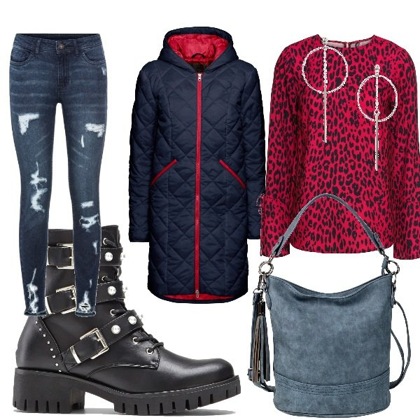 Outfit donna - Allo stadio a tifare Bologna. Stile Trendy per Tutti i giorni. Abbinamento con blazer, bluse, jeans strappati, stivaletti, borse a tracolla, orecchini.