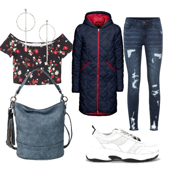 Outfit donna - Allo stadio per il Bologna. Stile Trendy per Tutti i giorni. Abbinamento con blazer, borse a tracolla, jeans strappati, orecchini, sneakers, t-shirt.