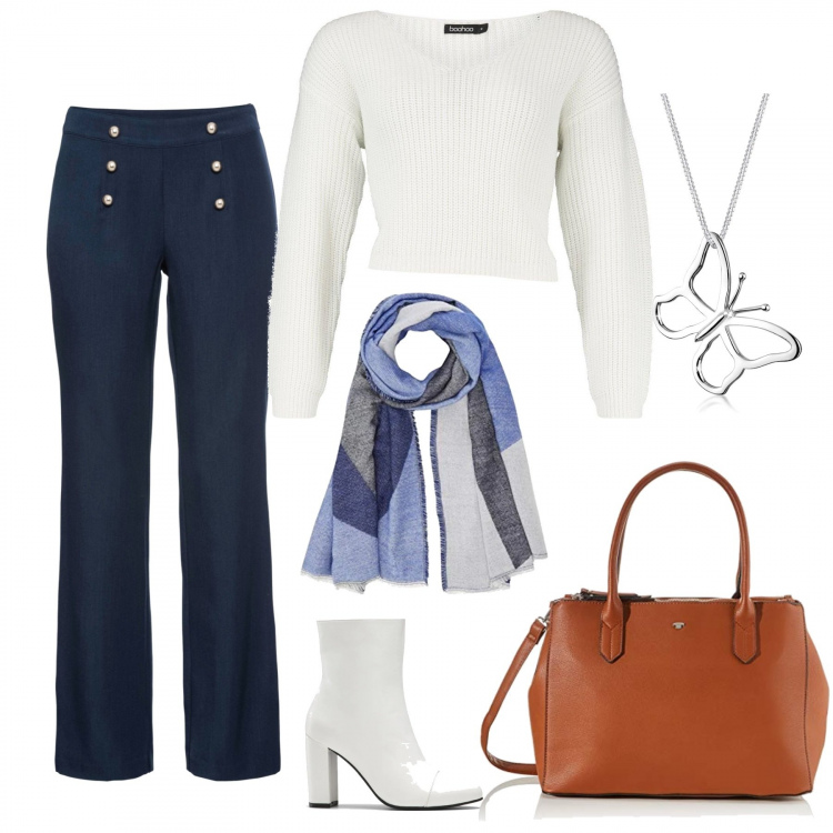 Outfit donna - La psicologa. Stile Bon Ton per Ufficio. Abbinamento con pantaloni, stivaletti, pullovers, shopping bag, ciondoli, sciarpe.