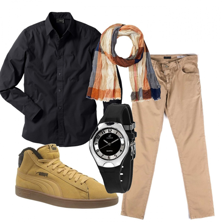 Outfit uomo - Casual #19312. Stile Casual per Tutti i giorni. Abbinamento con camicie, jeans, orologi analogici, sneakers, sciarpe.