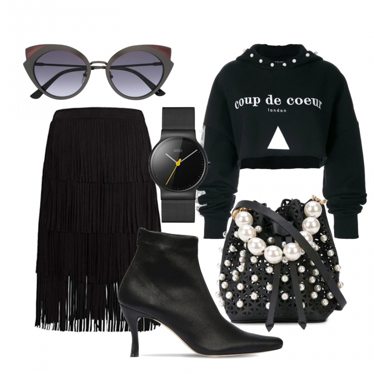 Outfit donna - TREND: Perle e perline. Stile Urban per Tutti i giorni. Abbinamento con borse a tracolla, felpe con cappuccio, occhiali da sole, gonne, stivali, orologi analogici.