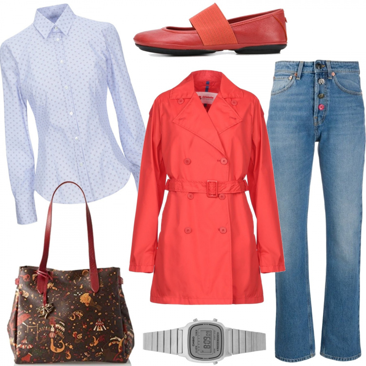 Outfit donna - Il trench rosso. Stile Basic per Tutti i giorni. Abbinamento con trench, camicie, orologi, jeans, ballerine, borse tote.
