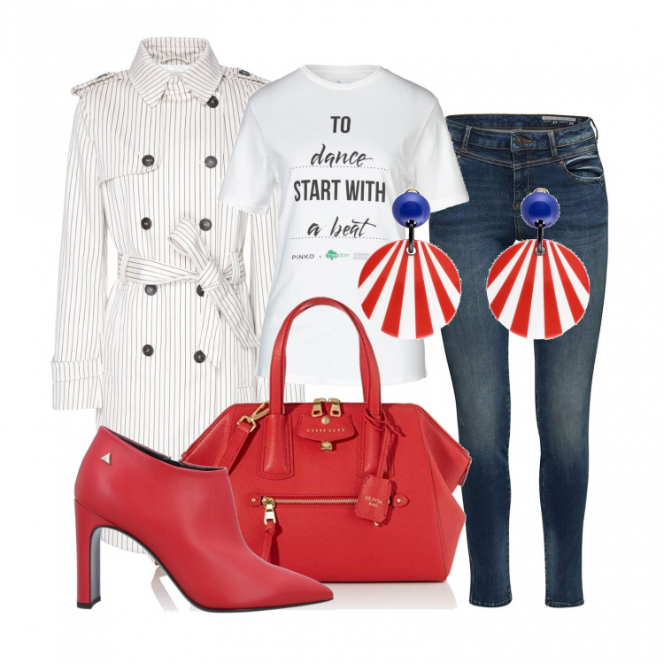 Outfit donna - Trench leggero+borsa. Stile Trendy per Tutti i giorni. Abbinamento con trench, stivaletti, t-shirt, orecchini, jeans skinny, borse a mano.