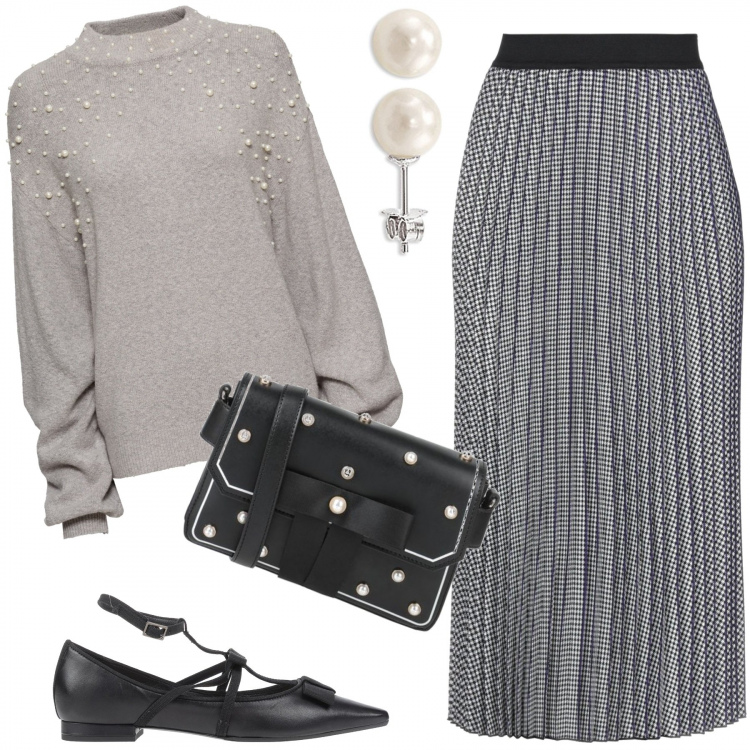 Outfit donna - Perles and go. Stile Chic per Tutti i giorni. Abbinamento con maglieria, gonne longuette, borse a mano, ballerine, orecchini.