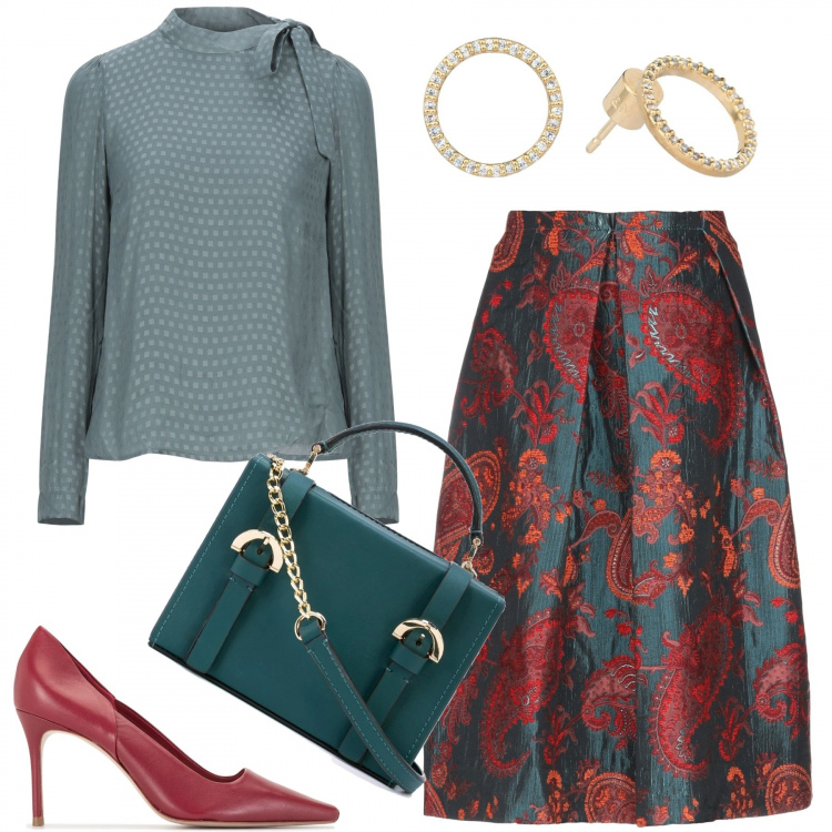 Outfit donna - Stasera a teatro. Stile Chic per Serata fuori. Abbinamento con gonne longuette, bluse, orecchini, borse a spalla, décolleté.