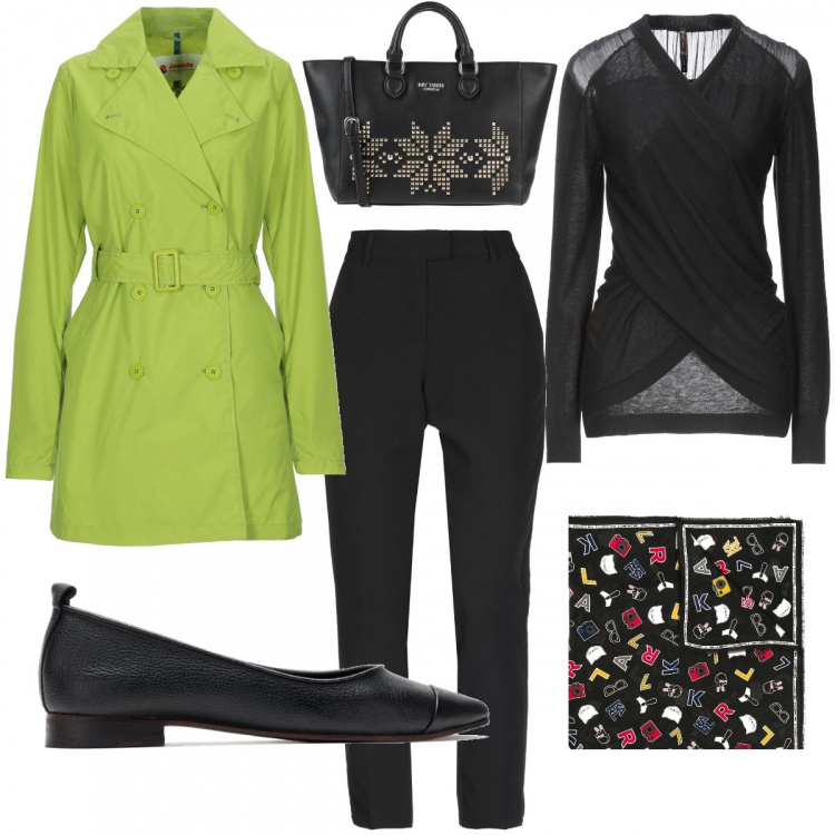 Outfit donna - Trench verde Neon. Stile Urban per Ufficio. Abbinamento con pullovers, trench, pantaloni capri, borse a mano, sciarpe, ballerine.