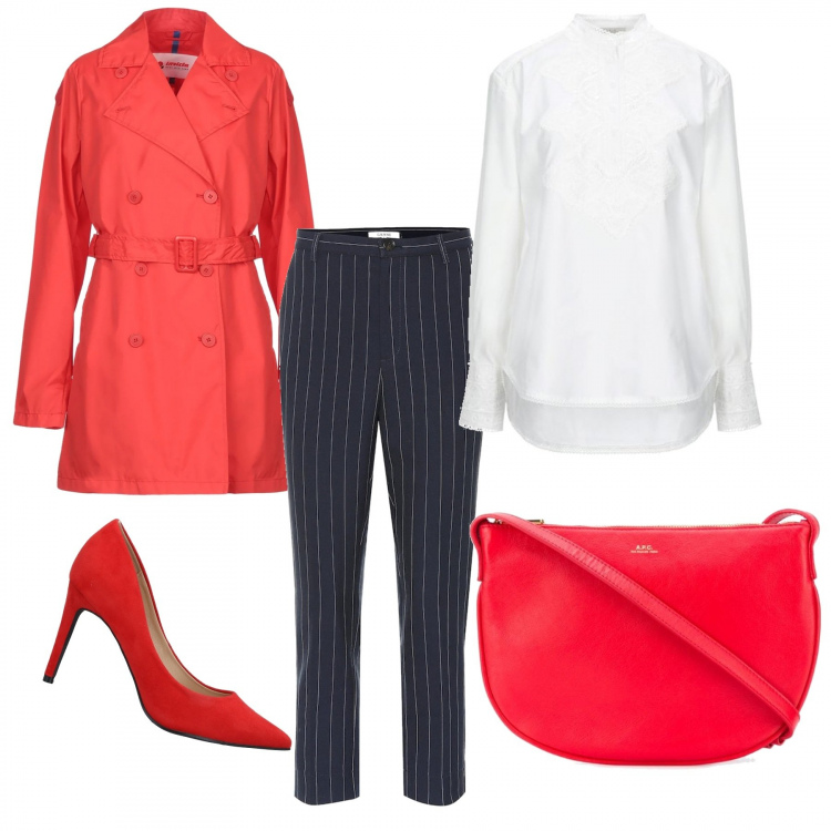 Outfit donna - Trench rosso. Stile Chic per Ufficio. Abbinamento con camicie, trench, décolleté, borse a tracolla, pantaloni capri.