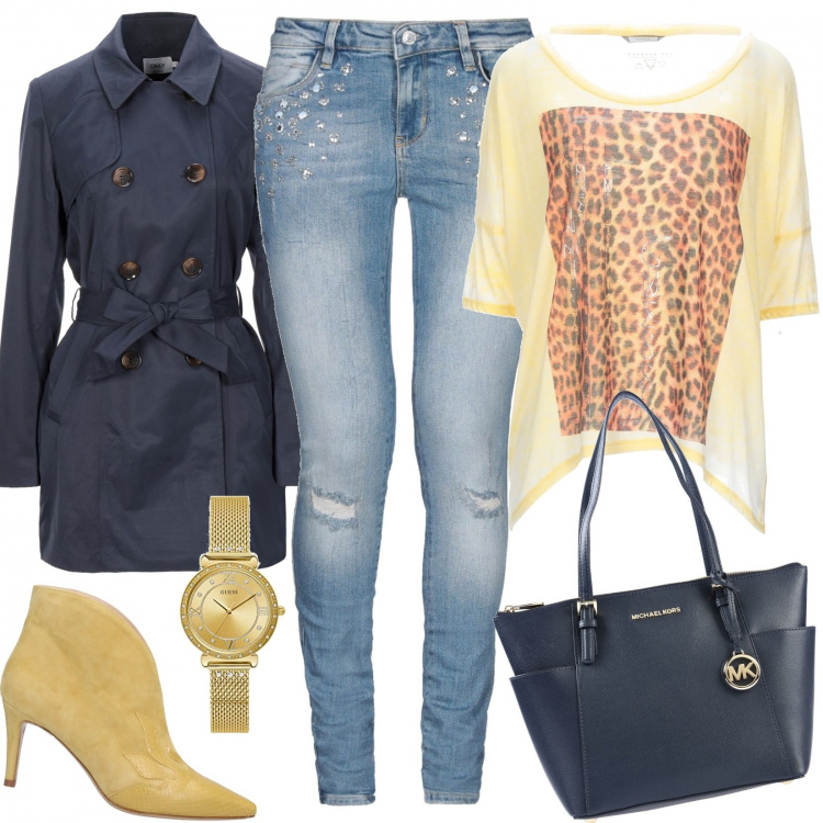 Outfit mujer - Trendy #63242. Estilo Trendy para Todos los días. Combinación con relojes analógicos, trench, vaqueros, camiseta, bolsos de mano, botines.