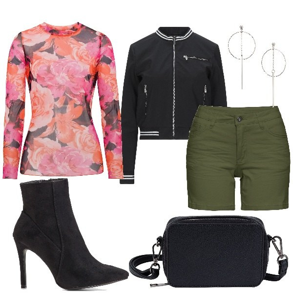 Outfit donna - Discoteca all\'aperto. Stile Urban per Serata fuori. Abbinamento con borse a tracolla, shorts, gonne longuette, orecchini, pullovers, cappotti.