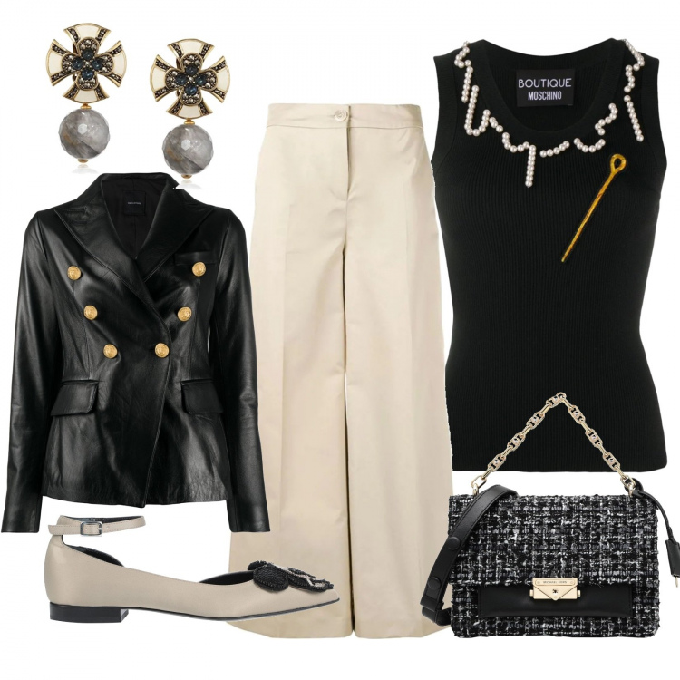 Outfit donna - Trend: perle e perline. Stile Chic per Serata fuori. Abbinamento con ballerine, borse a mano, blazer, canottiere, pantaloni a palazzo, orecchini.