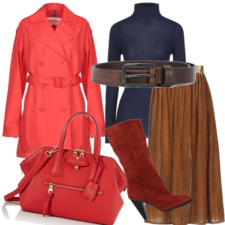 Outfit donna - Trench leggero e borsa rossi. Stile Trendy per Tutti i giorni. Abbinamento con gonne longuette, stivali, trench, pullovers, cinture, borse a mano.