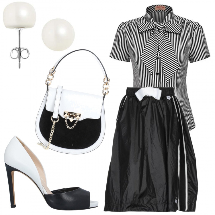 Outfit donna - Bon Ton in Bianco e Nero. Stile Bon Ton per Serata fuori. Abbinamento con gonne longuette, décolleté, borse a mano, camicie a manica corta, orecchini.