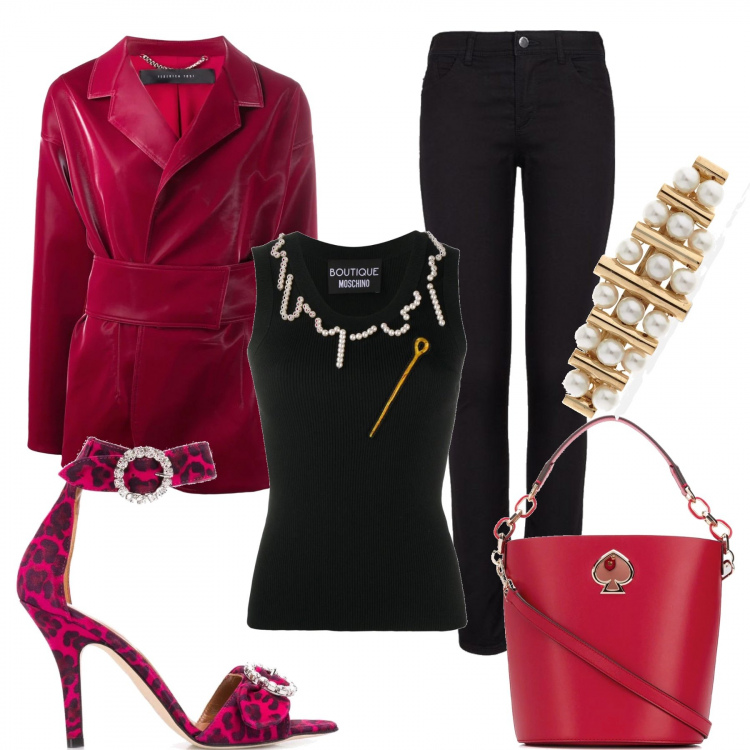 Outfit donna - La maglietta con le perle. Stile Basic per Serata fuori. Abbinamento con canottiere, blazer, borse a secchiello, sandali, accessori per capelli, jeans skinny.