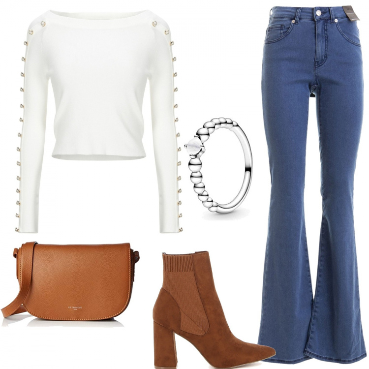 Outfit donna - Maglioncino con perline. Stile Trendy per Tutti i giorni. Abbinamento con pullovers, stivaletti, jeans a zampa, anelli, borse a spalla.