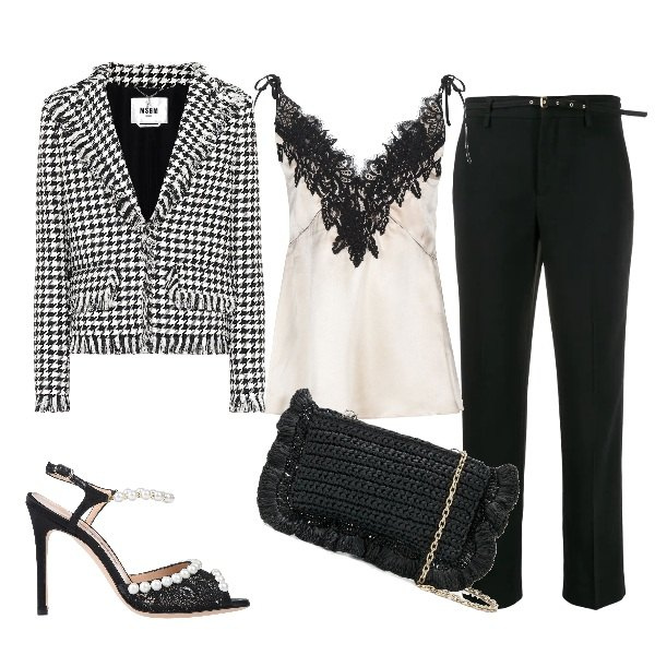 Outfit donna - Chic #34033. Stile Chic per Serata fuori. Abbinamento con sandali gioiello, top, clutch, pantaloni a palazzo, blazer.