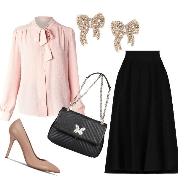 Outfit donna - Rosa e nero. Stile Bon Ton per Tutti i giorni. Abbinamento con gonne longuette, borse a mano, orecchini, camicie, décolleté.