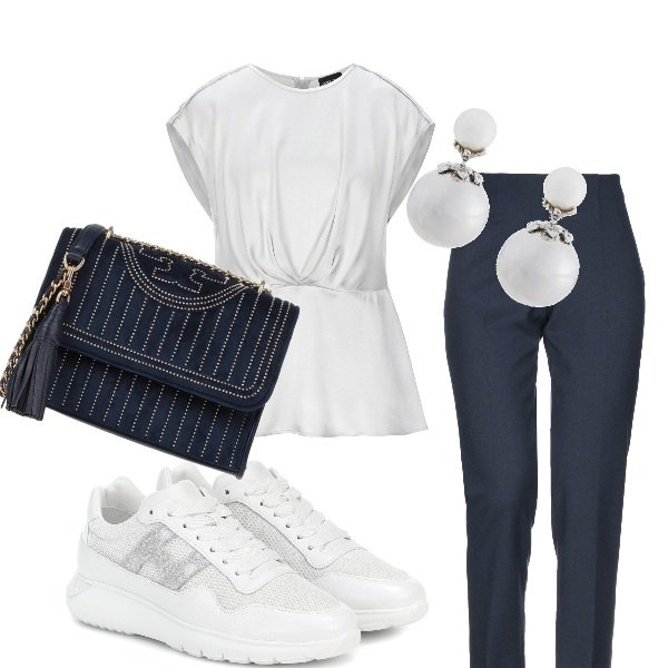 Outfit donna - Elegante e comoda. Stile Trendy per Ufficio. Abbinamento con pantaloni capri, bluse, borse a spalla, orecchini, sneakers.