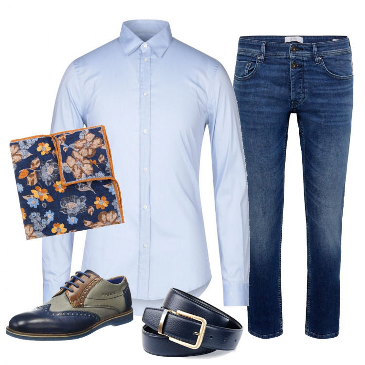 Outfit uomo - La camicia azzurra. Stile Casual per Serata speciale. Abbinamento con camicie, cravatte, jeans, scarpe stringate, cinture.