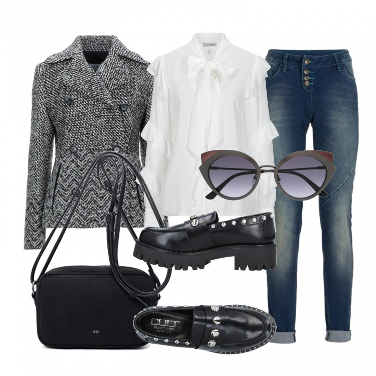 Outfit donna - Venerdì casual chic. Stile Trendy per Tutti i giorni. Abbinamento con jeans boyfriend, cappotti, mocassini, camicie, occhiali da sole, borse a tracolla.