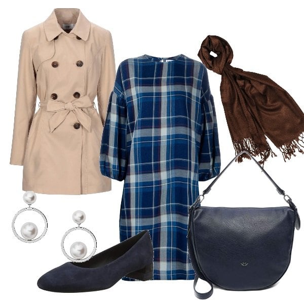 Outfit mujer - Bienvenido otoño. Estilo Bon Ton para Todos los días. Combinación con salones, bolsos de hombro, bufandas, trench, vestidos camiseros, pendientes.