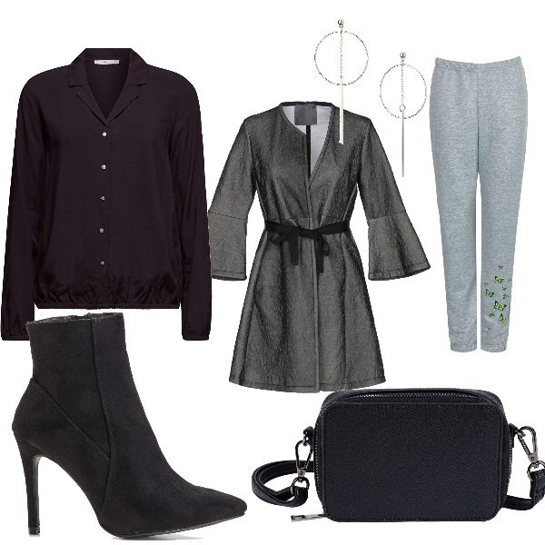 Outfit donna - Cinema e pizza. Stile Trendy per Serata fuori. Abbinamento con borse a tracolla, gonne longuette, orecchini, cappotti, pantaloni, camicie.