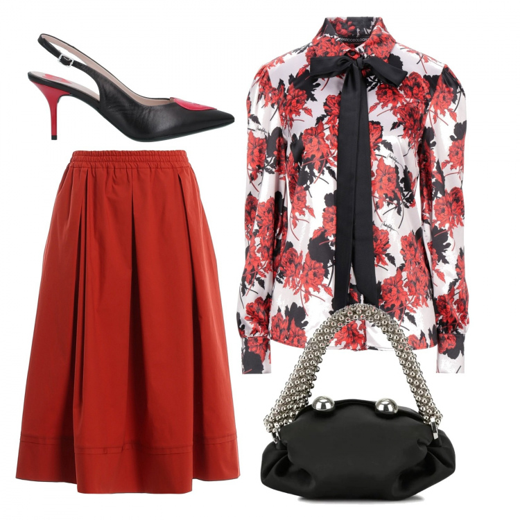 Outfit donna - Gonna a campana&Camicia Bon Ton. Stile Bon Ton per Serata fuori. Abbinamento con décolleté, camicie, borse tote, gonne.