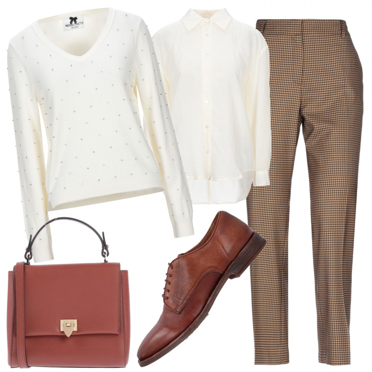 Outfit mujer - Bon Ton #26518. Estilo Bon Ton para Oficina. Combinación con jerséis, pantalones, zapatos con cordones, camisas, bolsos de mano.